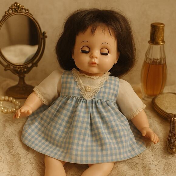Madame Alexander Other - Madame Alexander 15” Doll 1977 Sleep Eyes Vinyl Brunette Blue Gingham Dress VTG
